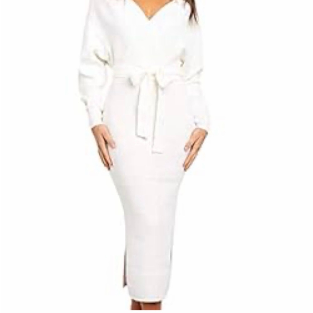 Elegant Cream Belted Sweater Dress